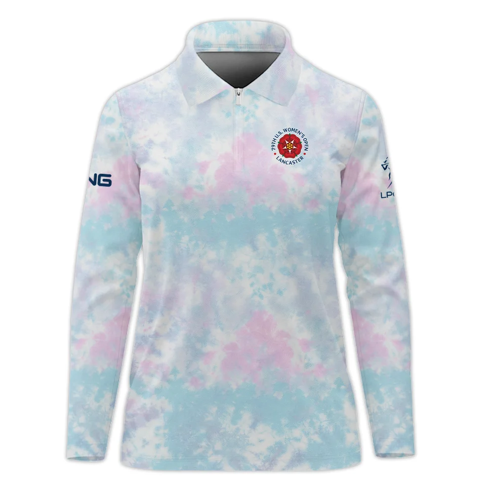 Tie dye Pattern 79th U.S. Women’s Open Lancaster Ping Zipper Long Polo Shirt Blue Mix Pink All Over Print Zipper Long Polo Shirt For Woman