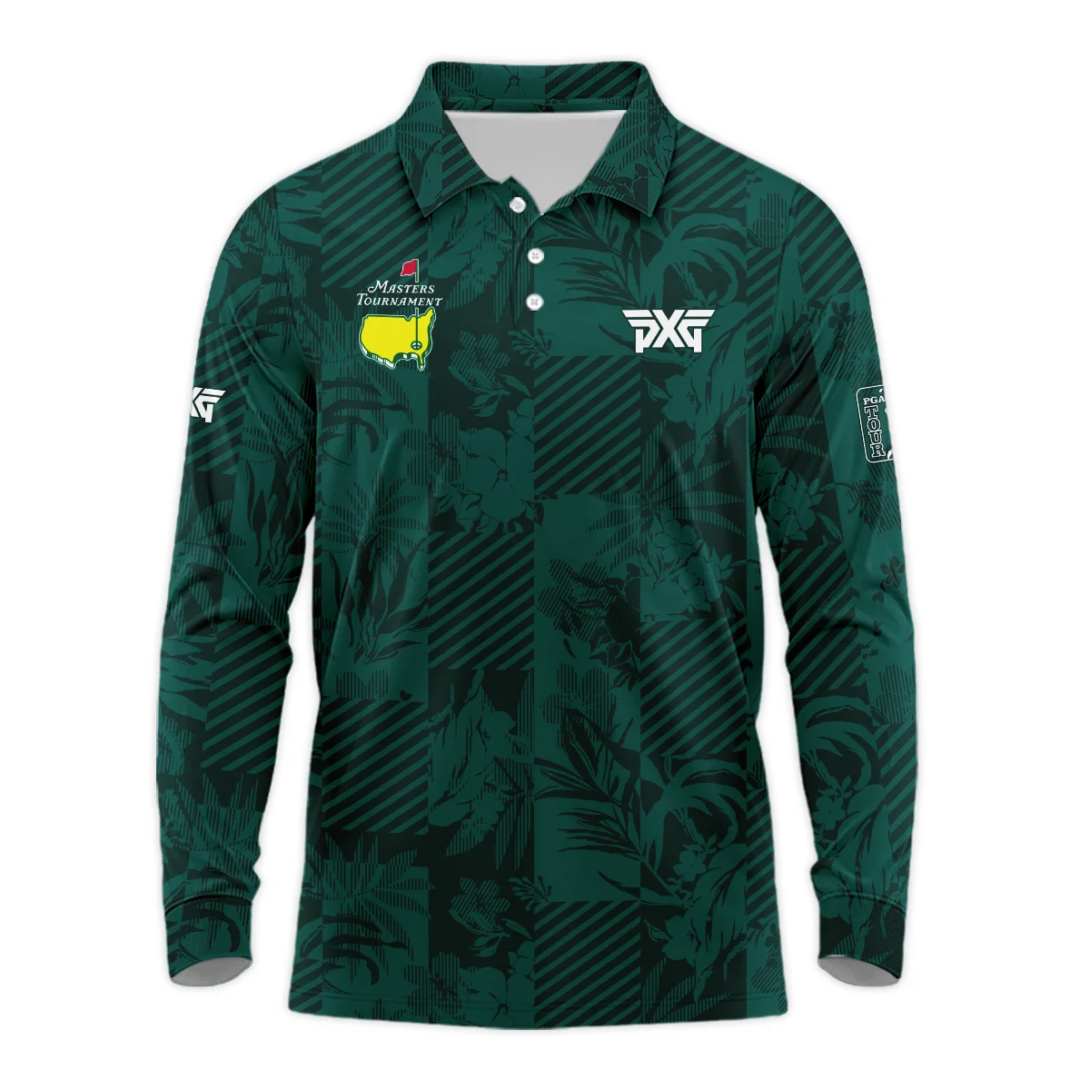 Tropical Leaves ,Foliage With Geometric Stripe Pattern Golf Masters Tournament Long Polo Shirt Style Classic Long Polo Shirt For Men