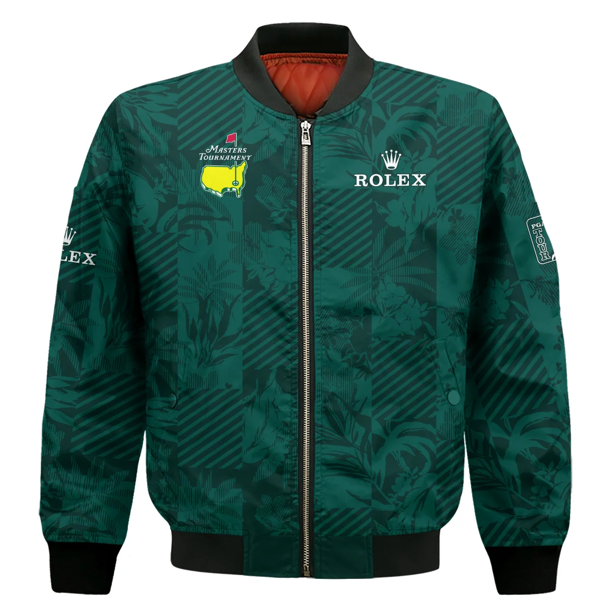 Tropical Leaves ,Foliage With Geometric Stripe Pattern Golf Masters Tournament Rolex Bomber Jacket Style Classic Bomber Jacket