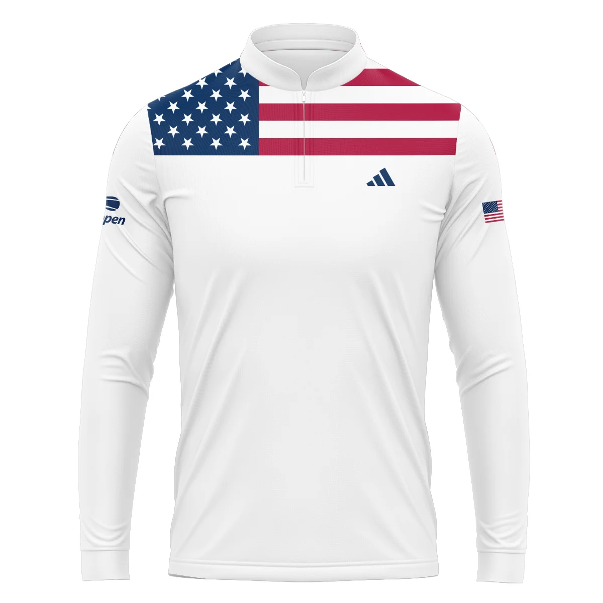 US Open Tennis Champions Adidas USA Flag White Mandarin collar Quater-Zip Long Sleeve