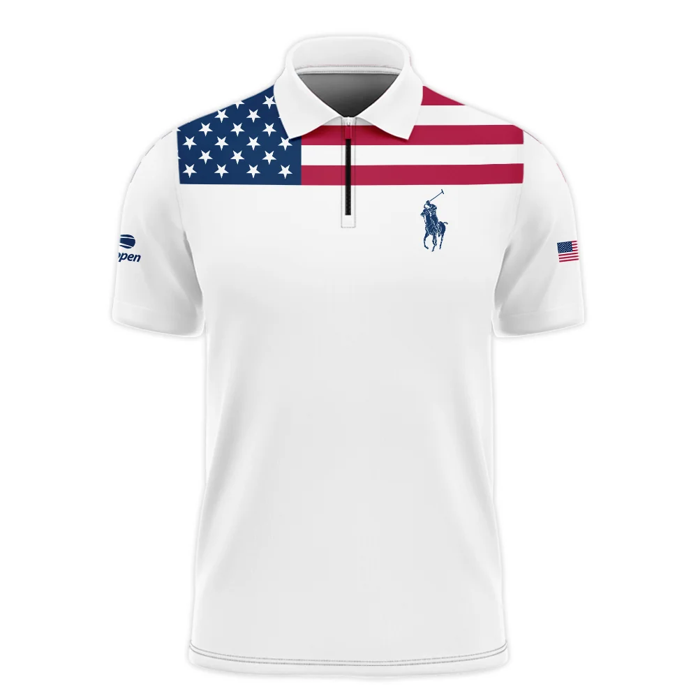 US Open Tennis Champions Ralph Lauren USA Flag White Zipper Polo Shirt Style Classic Zipper Polo Shirt For Men