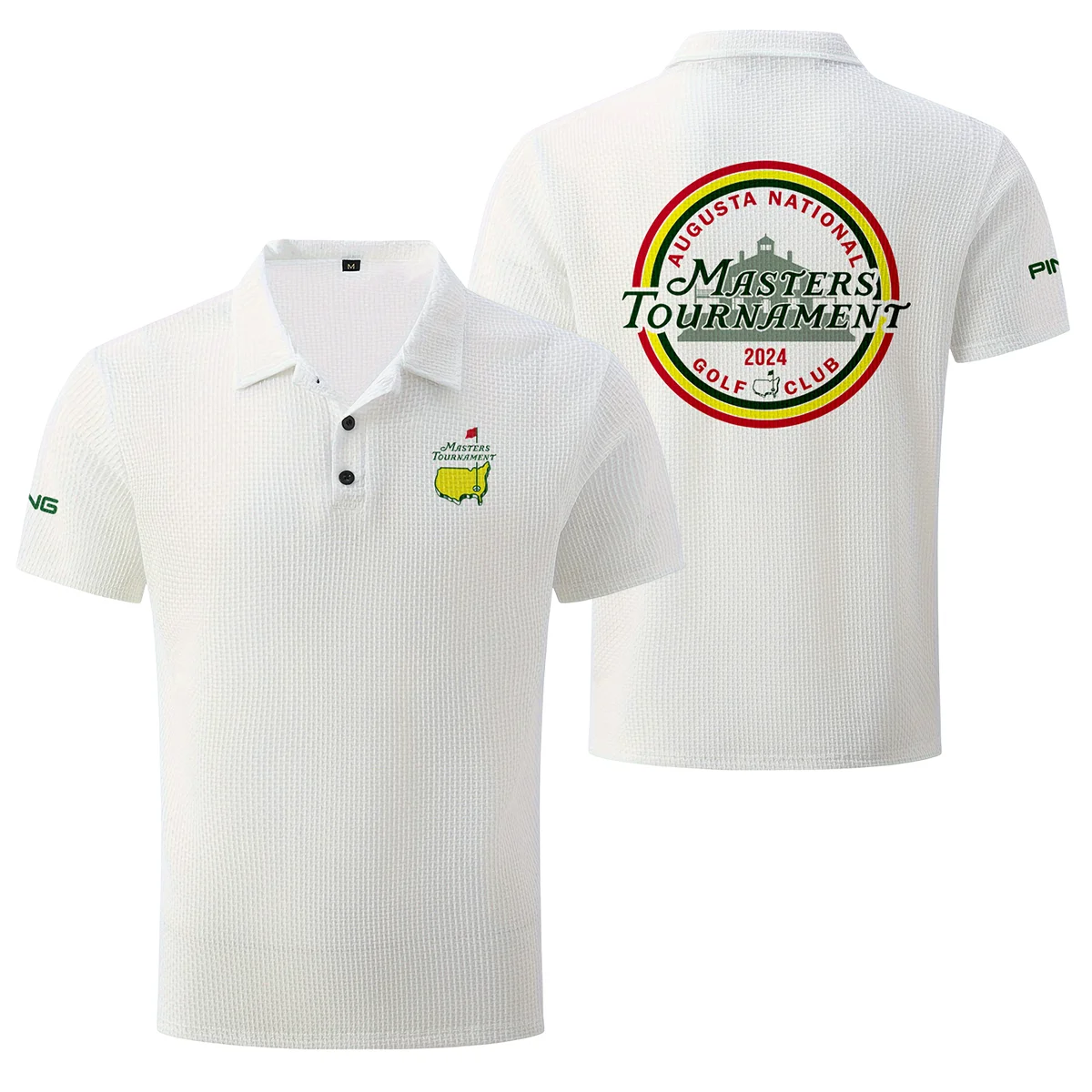 White Color The Masters Tournament 2024 Augusta National Golf Club Ping , Mesh Comfy Men's Stretch Solid Short Sleeve Lapel Golf Shirt