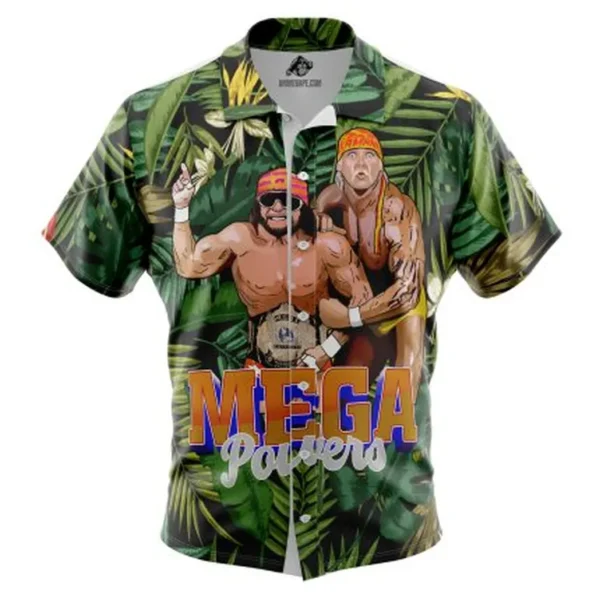 Macho Man And Hulkmania Power Pro Wrestling Button Up Hawaiian Shirt