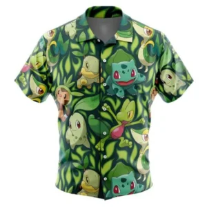 Grass Type Starters Pokemon Button Up Hawaiian Shirt