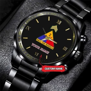 Army Watch, Army 2Nd Armored Division Custom Black Fashion Watch Proudly Served Gift, Military Watches, Us Army Watch