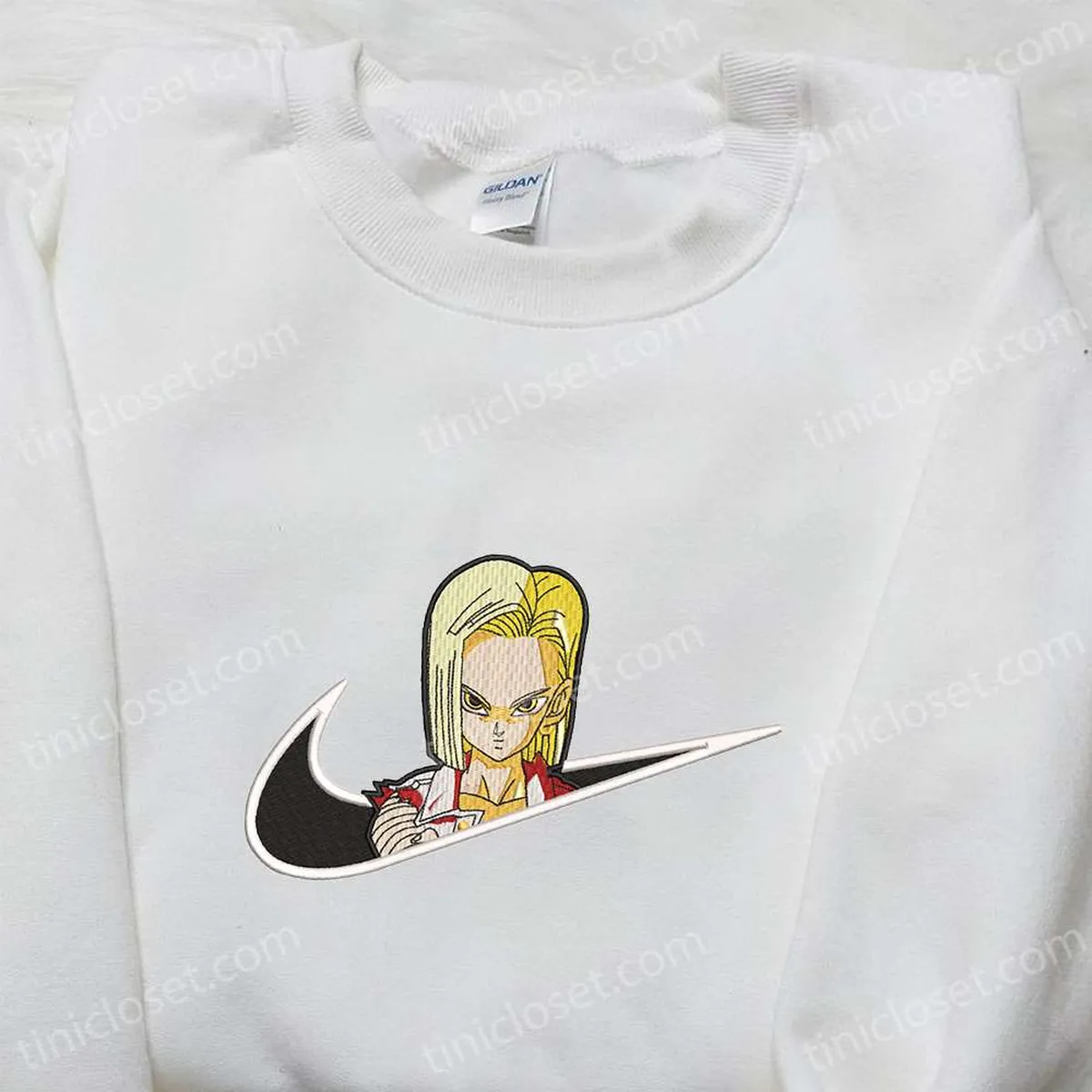 Android 18 x Nike Swoosh Anime Embroidered Shirt, Dragon Ball Embroidered Shirt, Nike Inspired Embroidered Shirt