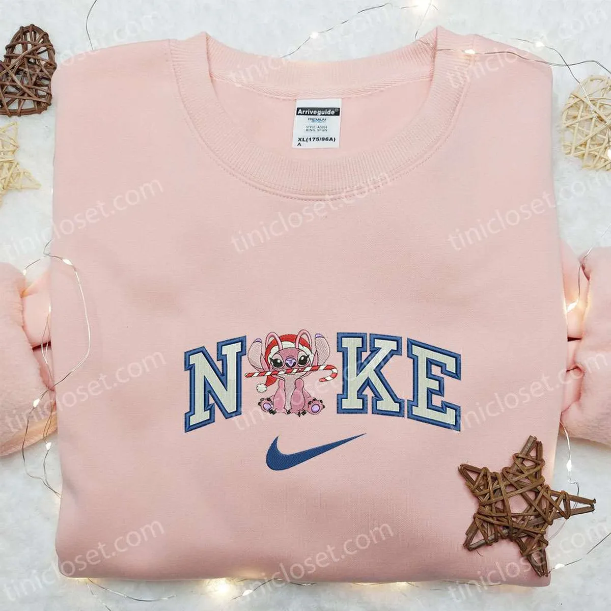 Angel Xmas x Nike Embroidered Shirt, Disney Lilo And Stitch Embroidered Hoodie, Christmas Embroidered Sweatshirt