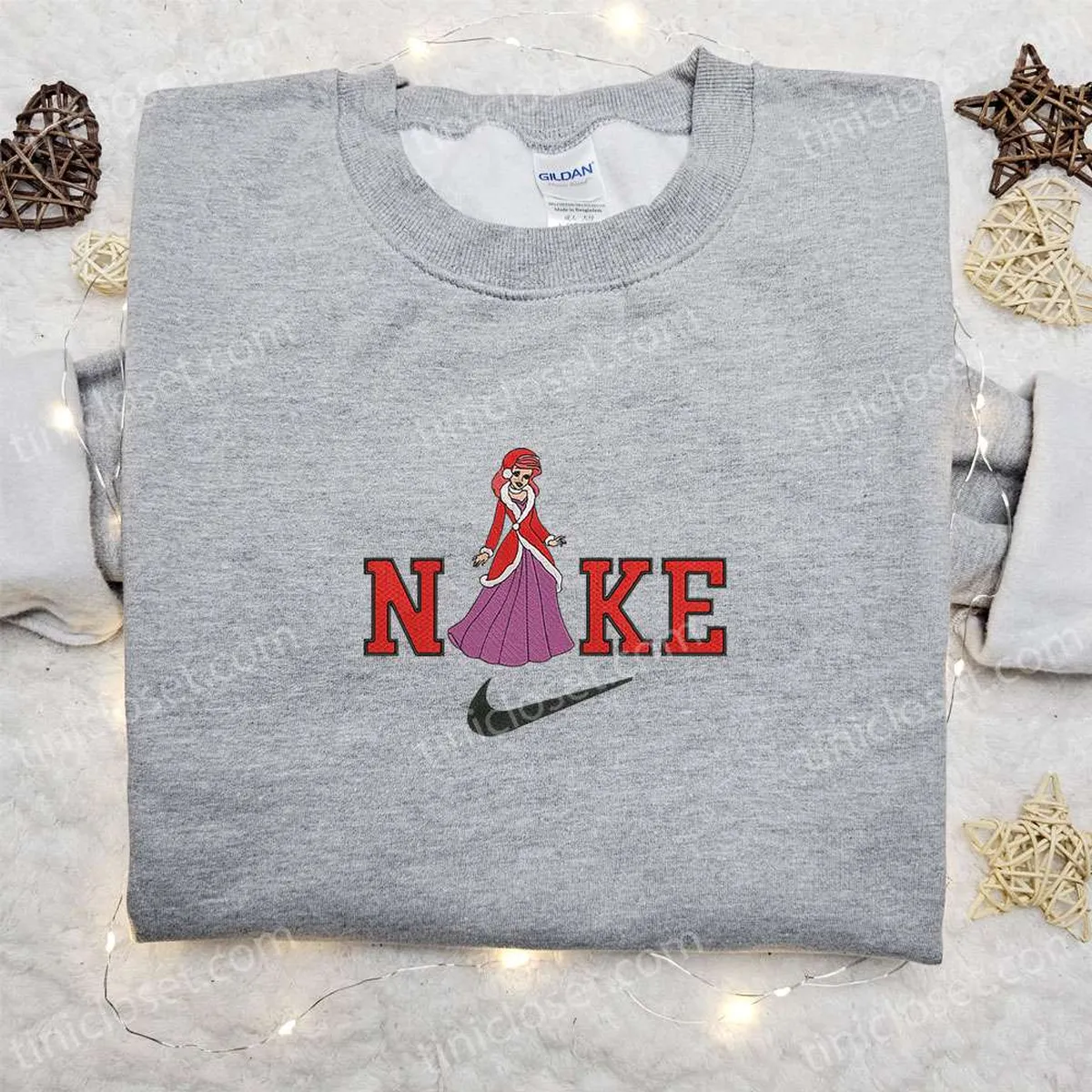 Ariel Disney Christmas x Nike Embroidered Sweatshirt, Cartoon Christmas Embroidered Shirt, Best Christmas Gift Ideas