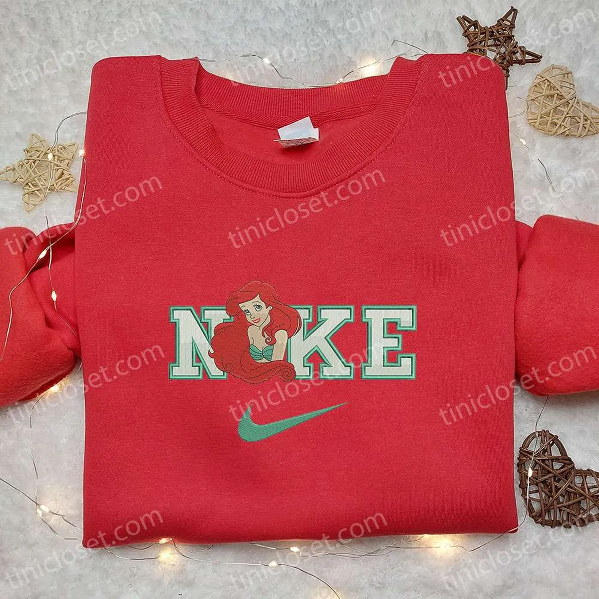 Ariel x Nike Cartoon Embroidered Shirt, The Little Mermaid Embroidered Shirt, Inspired Nike Embroidered Shirt