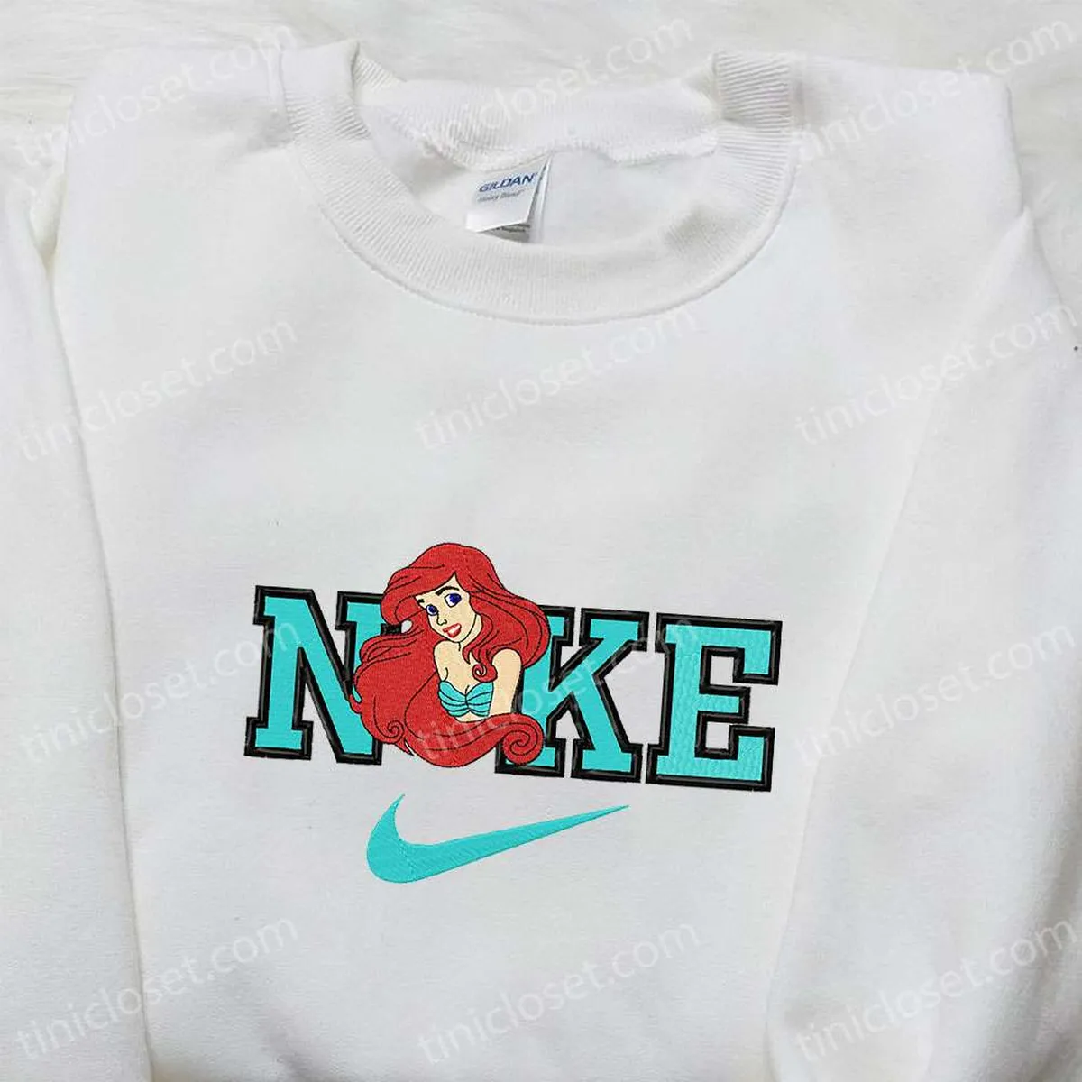 Ariel x Nike Cartoon Embroidered Shirt, The Little Mermaid Embroidered Shirt, Nike Inspired Embroidered Shirt