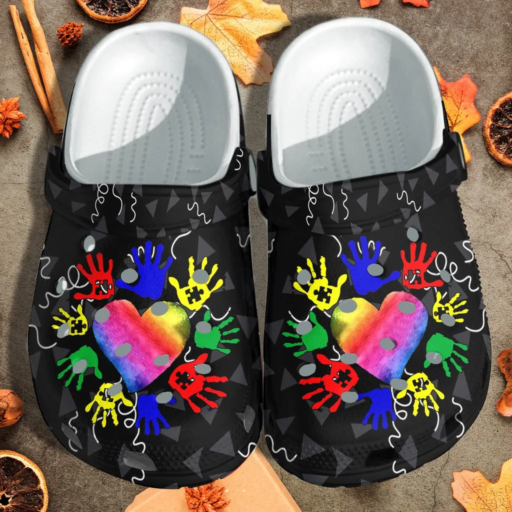 Autism Awareness Colorful Hand With Heart Love Crocs