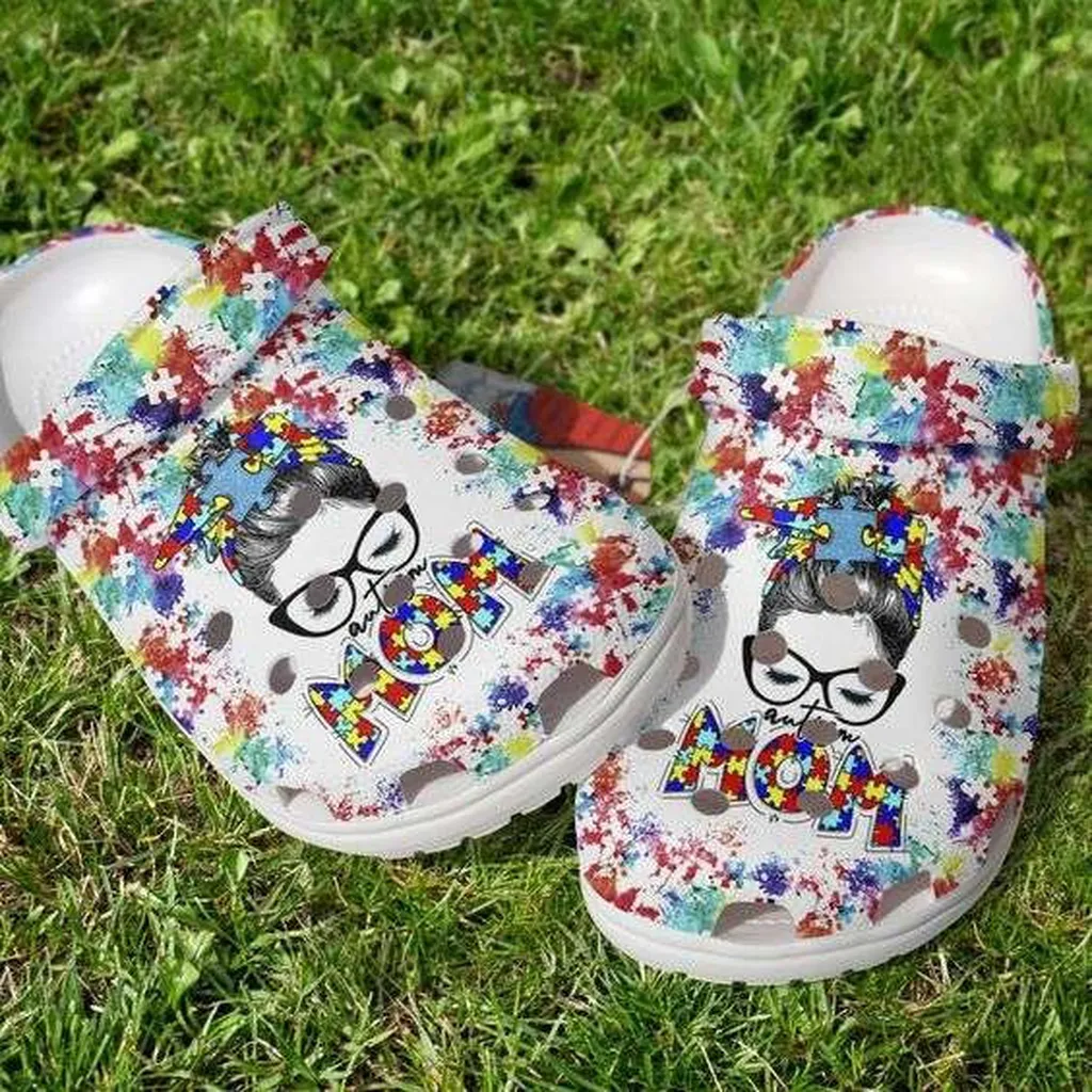 Autism Awareness Day Autism Mom Messy Bun Puzzle Pieces Paint Color Crocs Crocband Clog