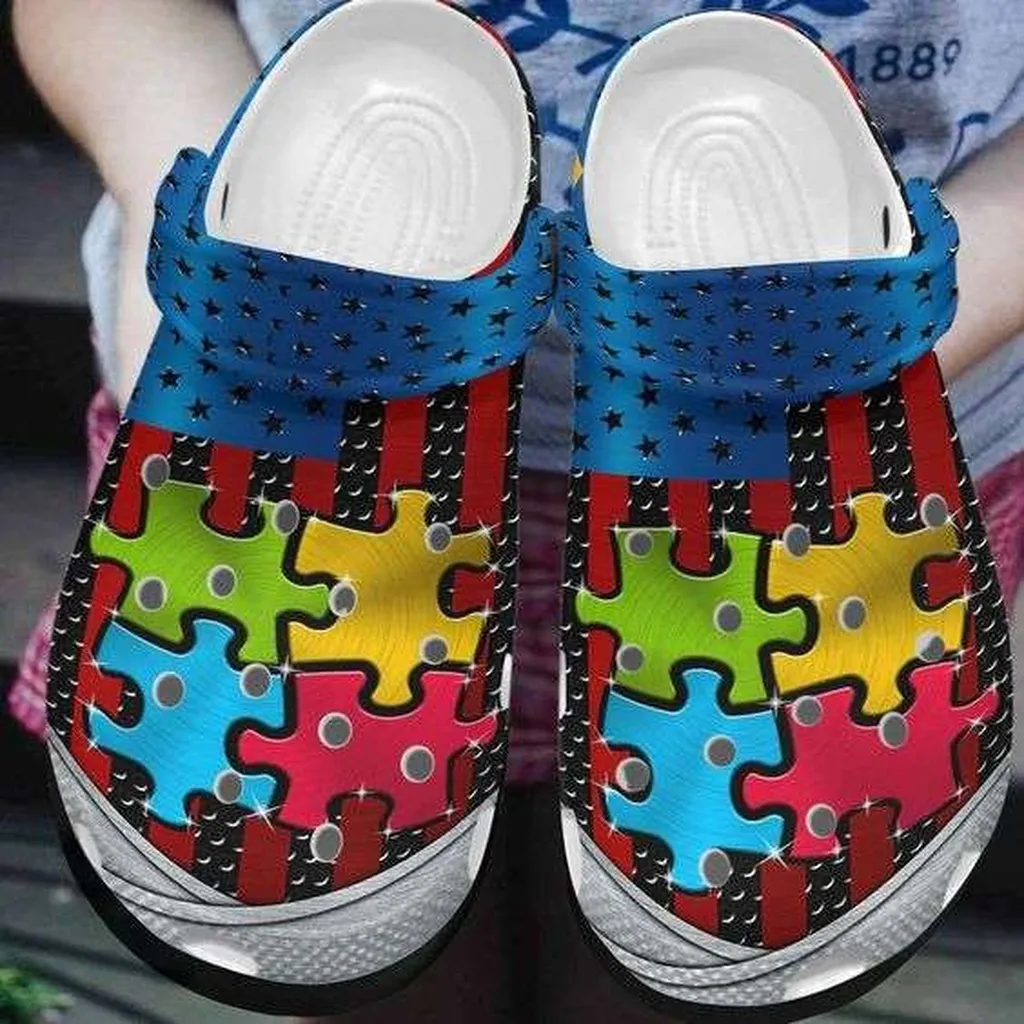 Autism Awareness Day Autism Puzzle Usa Flag Iron Style Crocs Crocband Clog