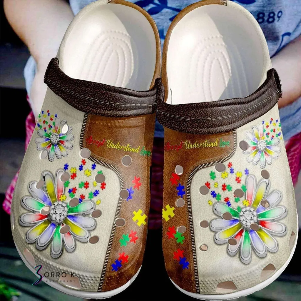 Autism Awareness Day Daisy Flower Accept Understand Love Puzzle Pieces Crocs Crocband Clog