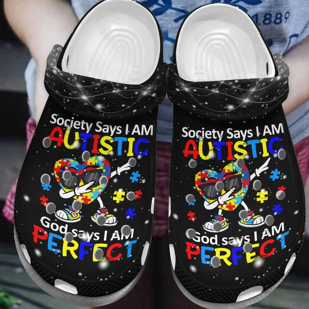 Autism Awareness Day Heart Dabbing Society Says I Am Autistic Puzzle Pieces Crocs Crocband Clog