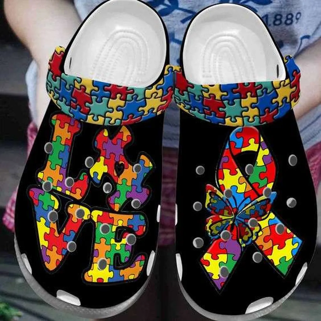 Autism Awareness Day Love Autism Butterfly And Ribbon Puzzle Pieces Crocs Crocband Clog