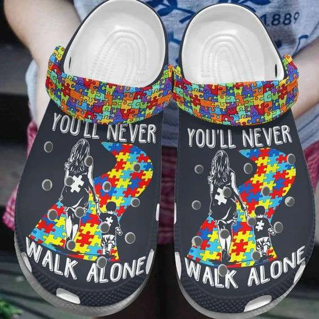 Autism Awareness Day Mom And Son Youll Never Walk Alone Autism Puzzle Pieces Crocs Crocband Clog