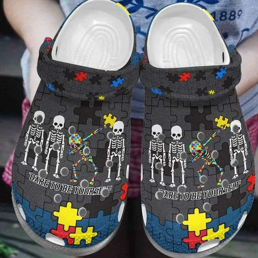 Autism Awareness Day Skeleton Dare To Be Yourself Autism Puzzle Pieces Crocs Crocband Clog