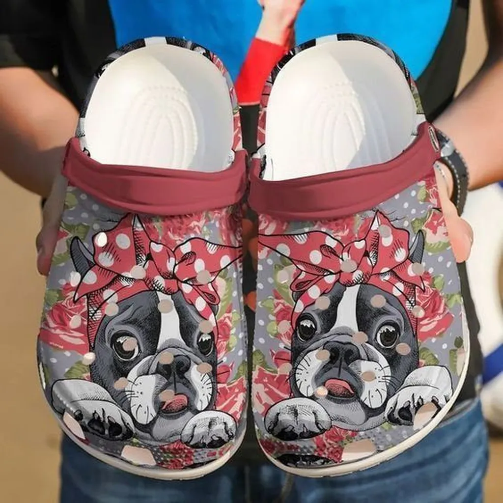 Awesome Boston Terrier Floral Rubber Crocs Clog