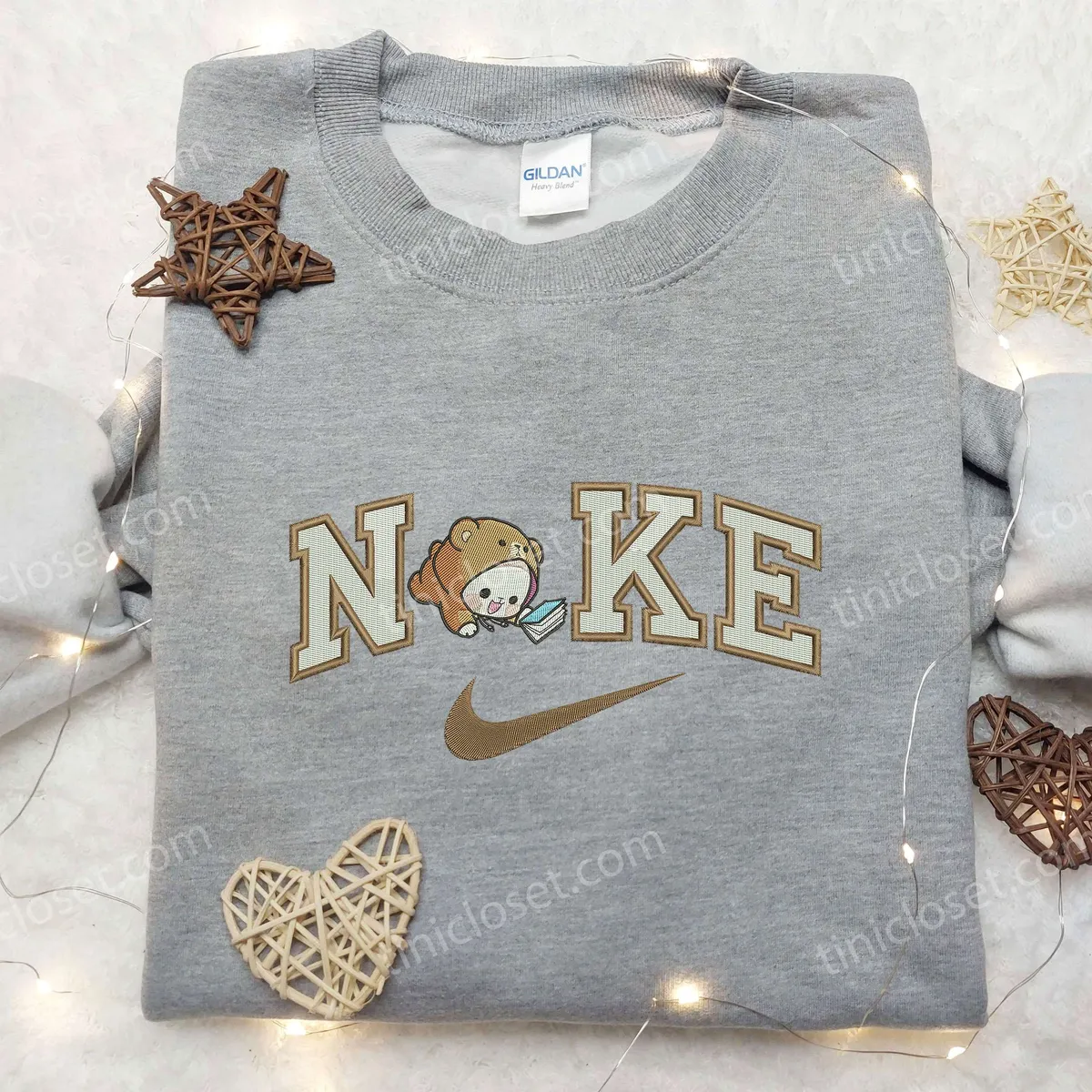 Baby Bear Mocha x Nike Swoosh Embroidered Shirt, Nike Embroidered Shirt, Cartoon Embroidered Shirt