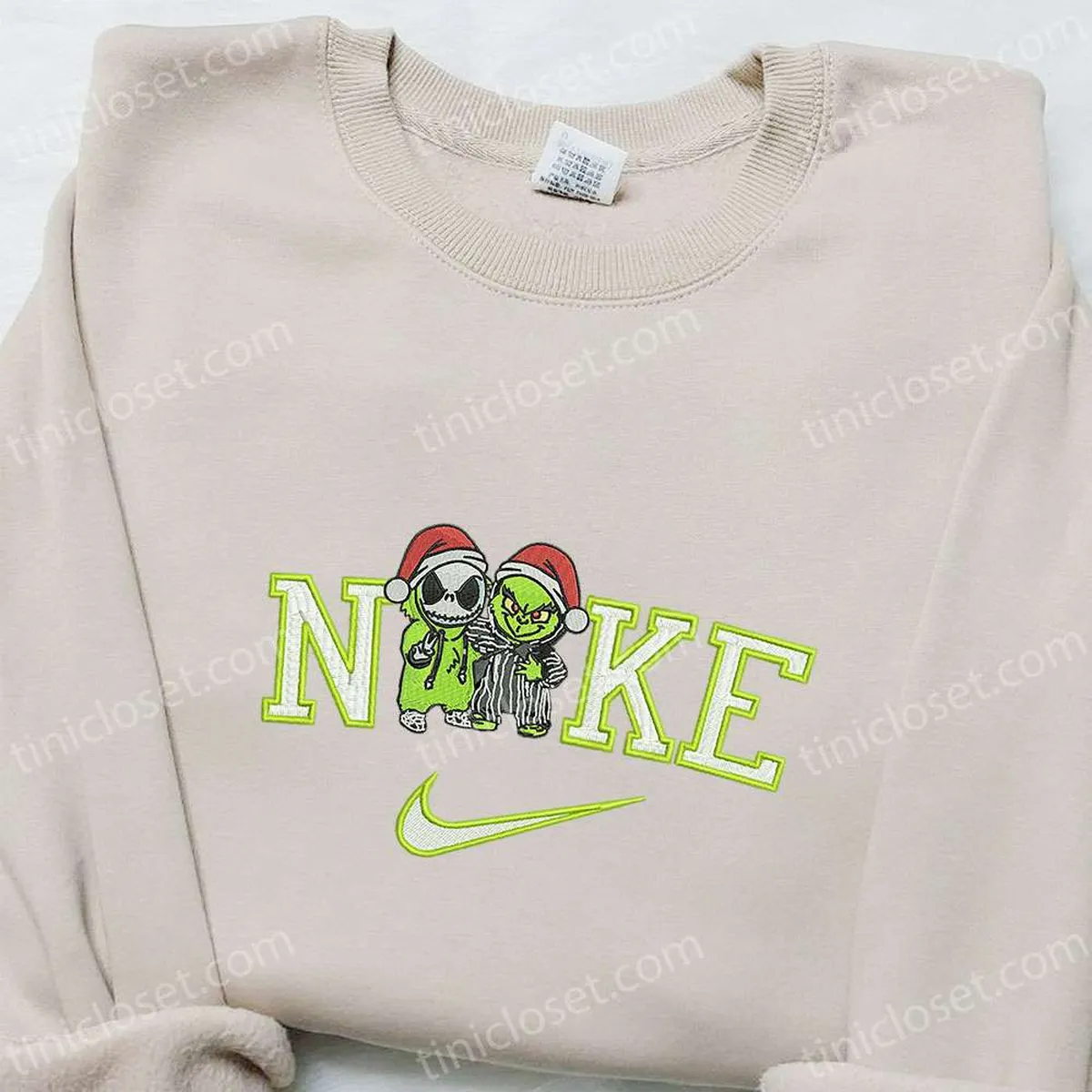 Baby Grinch and Jack x Nike Christmas Embroidered Sweatshirt, Movie Christmas Embroidered Shirt, Best Christmas Gift Ideas