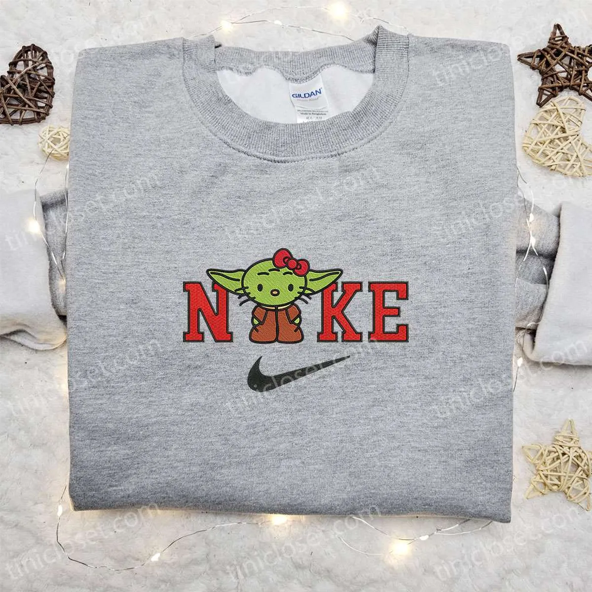 Baby Yoda Hello Kitty Christmas x Nike Embroidered Sweatshirt, Cartoon Christmas Embroidered Shirt, Best Christmas Gift Ideas