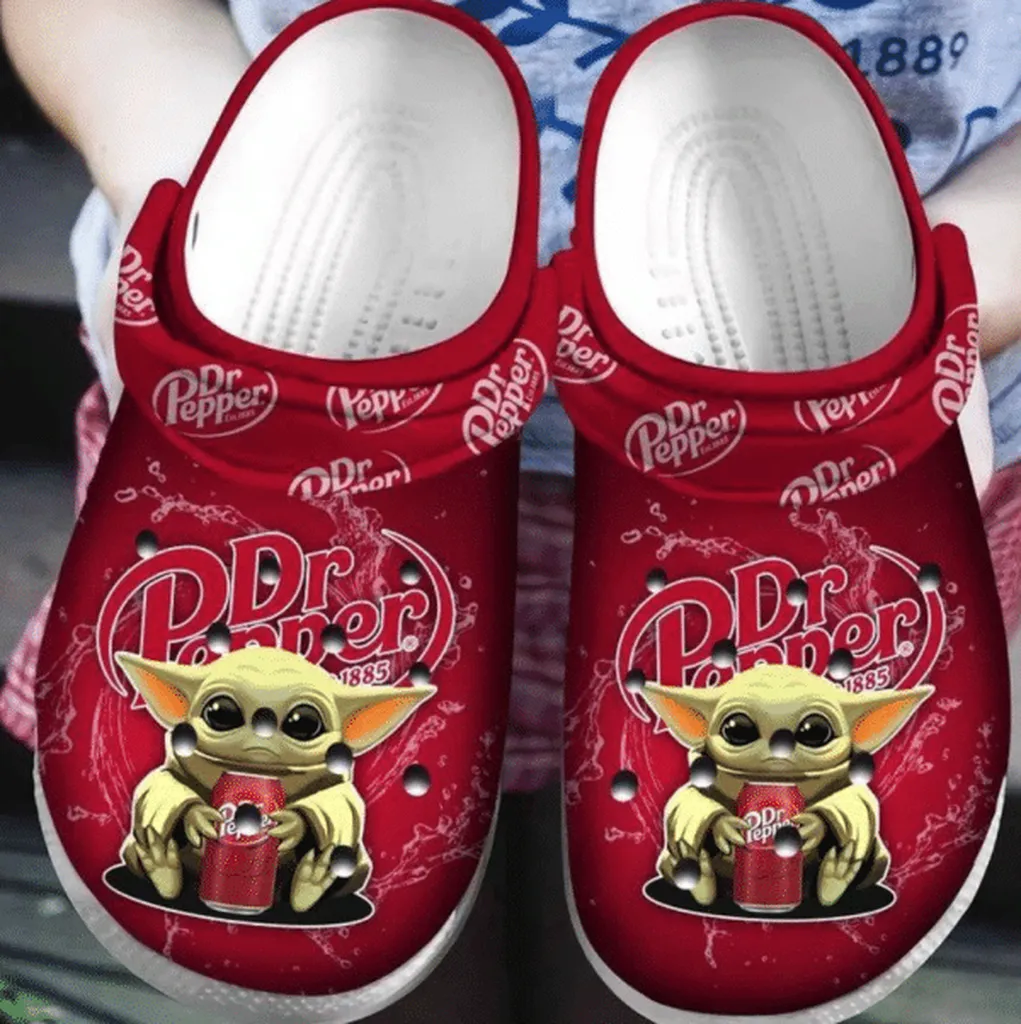 Baby Yoda Loves Dr Pepper Red Clogs