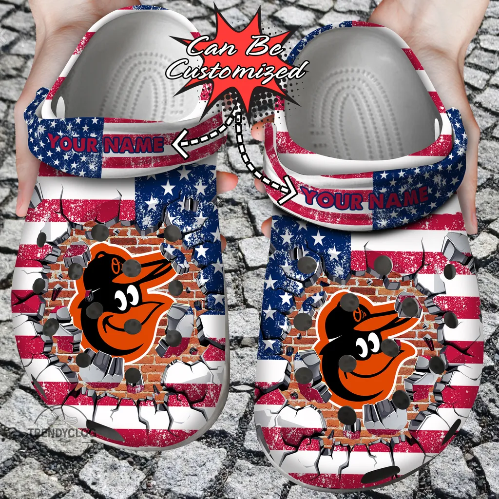 Baseball Crocs Personalized BOrioles American Flag Breaking Wall Clog