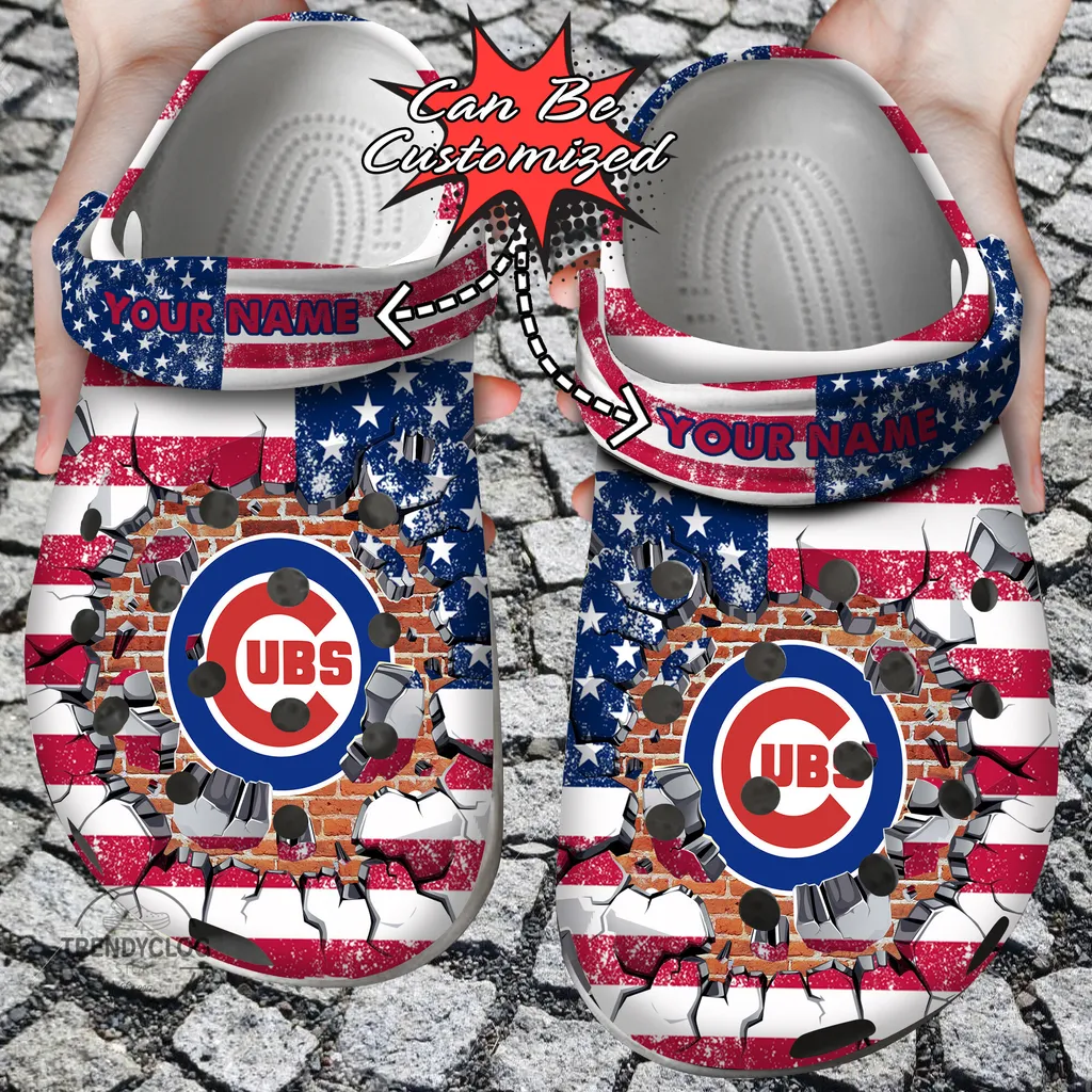 Baseball Crocs Personalized CCubs American Flag Breaking Wall Clog