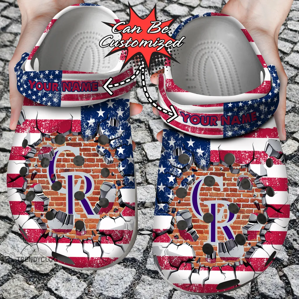 Baseball Crocs Personalized CRockies American Flag Breaking Wall Clog