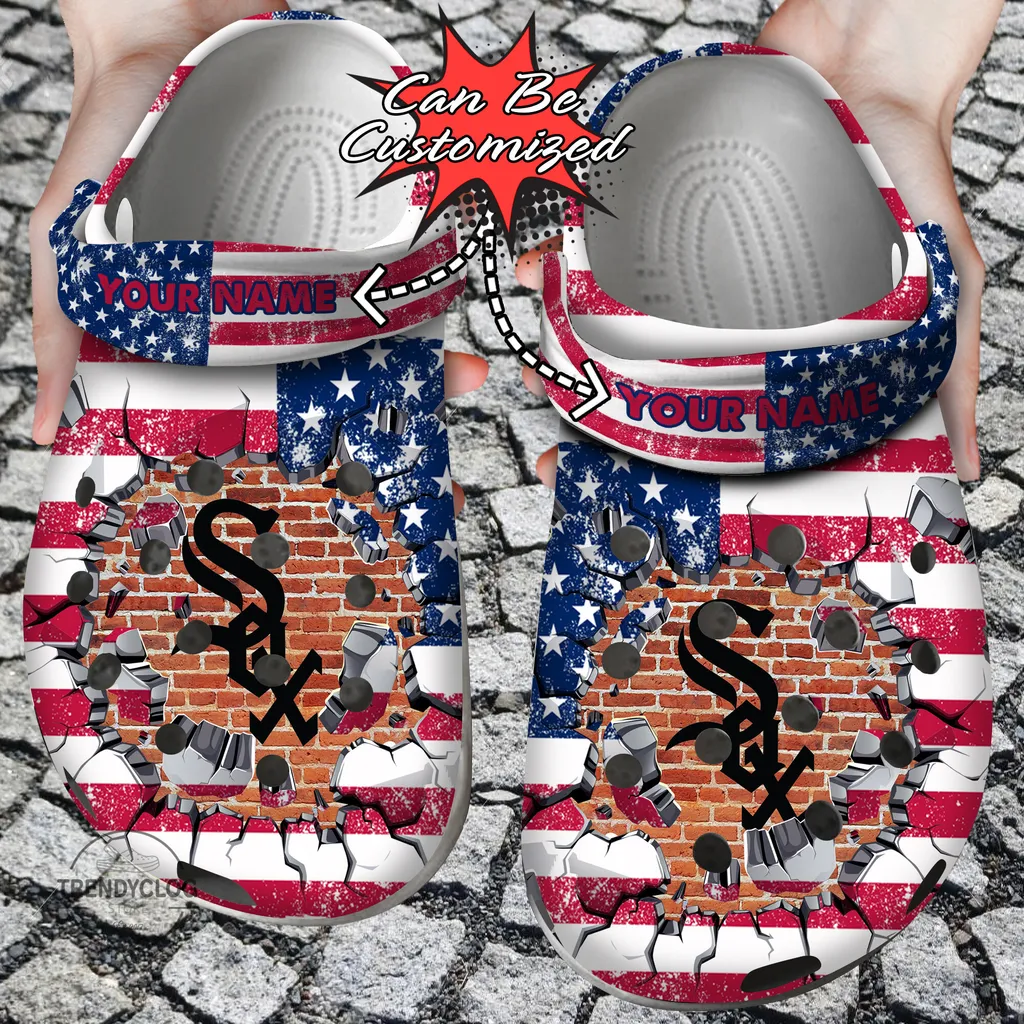 Baseball Crocs Personalized CWhite Sox American Flag Breaking Wall Clog