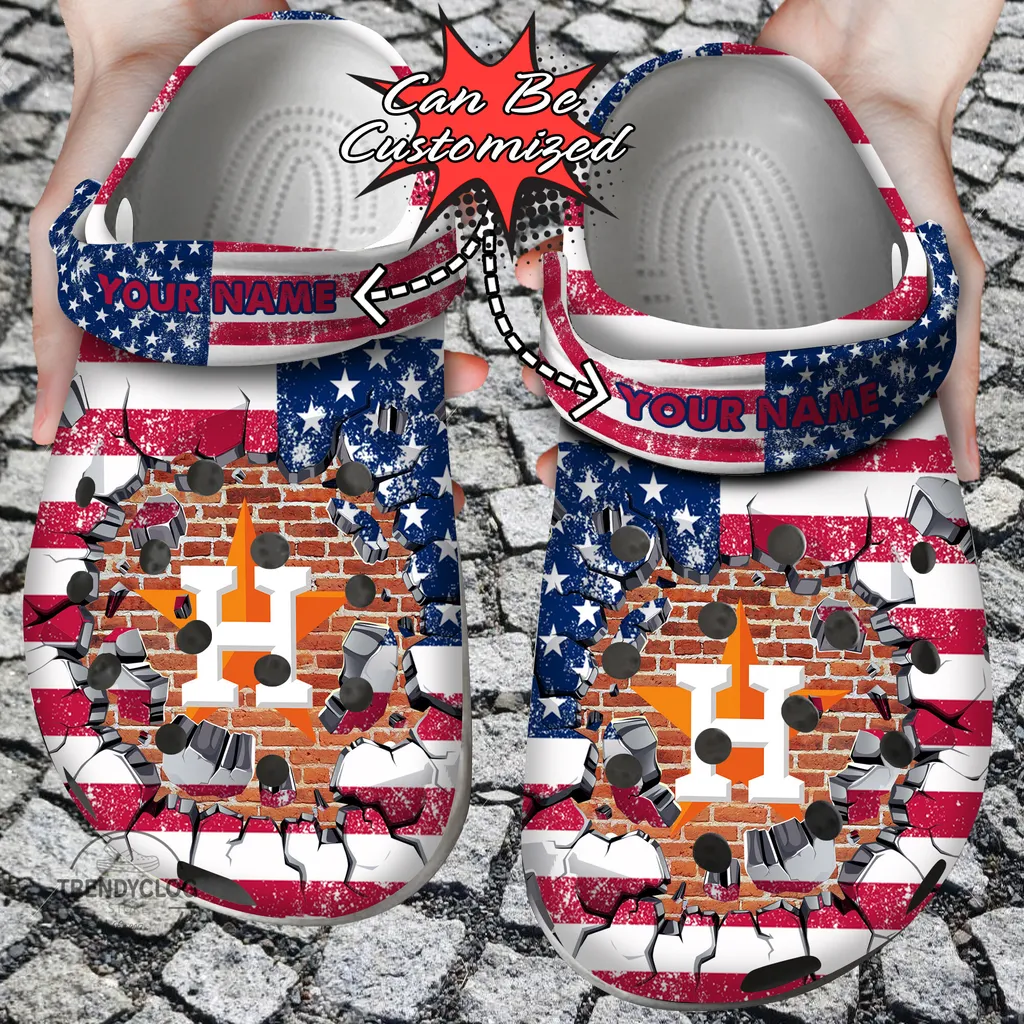 Baseball Crocs Personalized HAstros American Flag Breaking Wall Clog