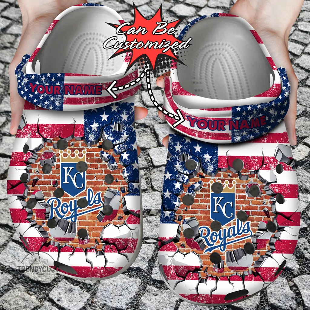 Baseball Crocs Personalized KC Royals American Flag Breaking Wall Clog