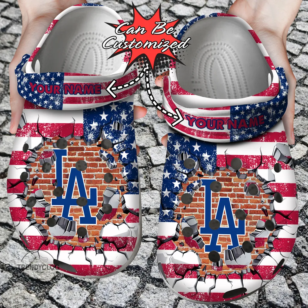 Baseball Crocs Personalized LA Dodgers American Flag Breaking Wall Clog