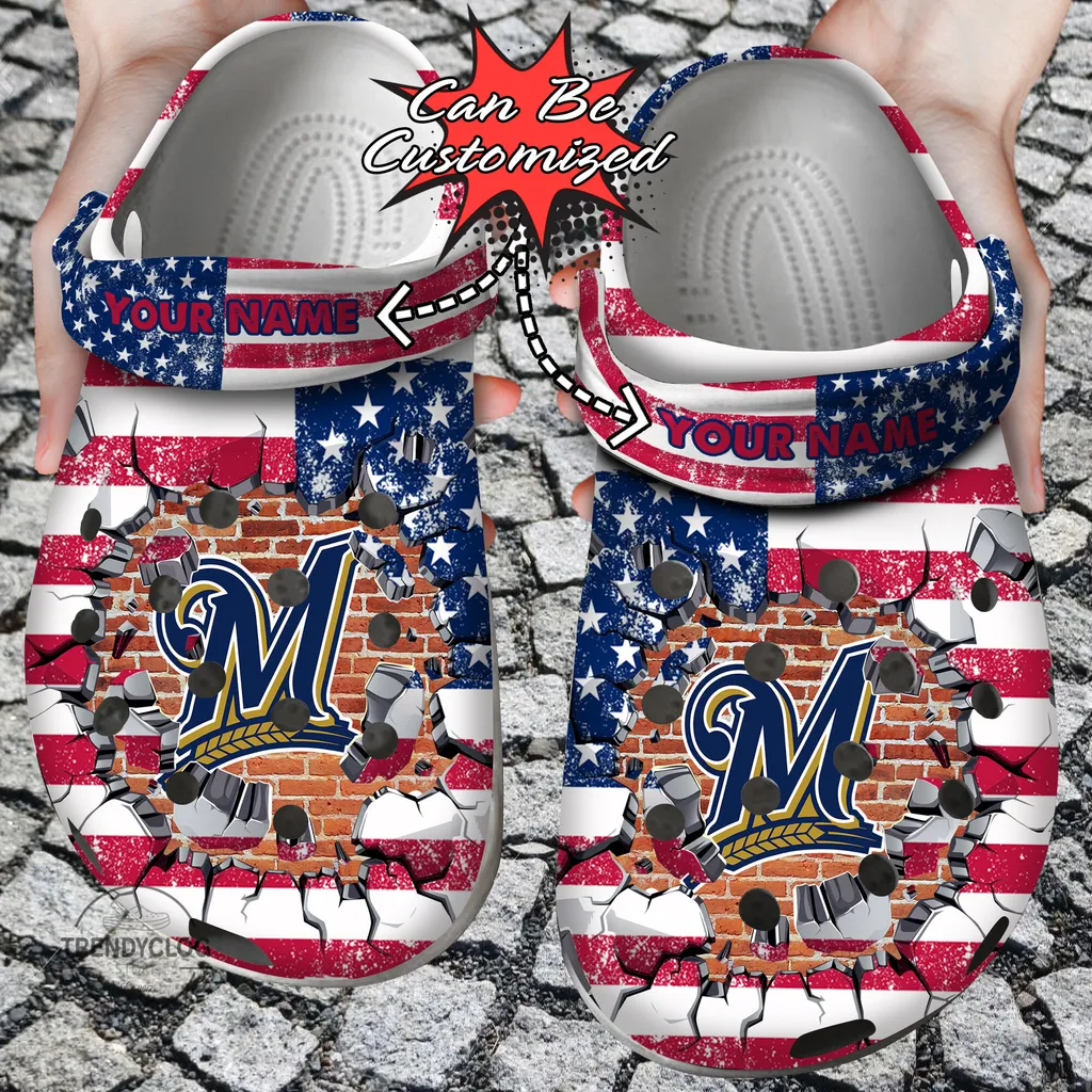 Baseball Crocs Personalized MBrewers American Flag Breaking Wall Clog