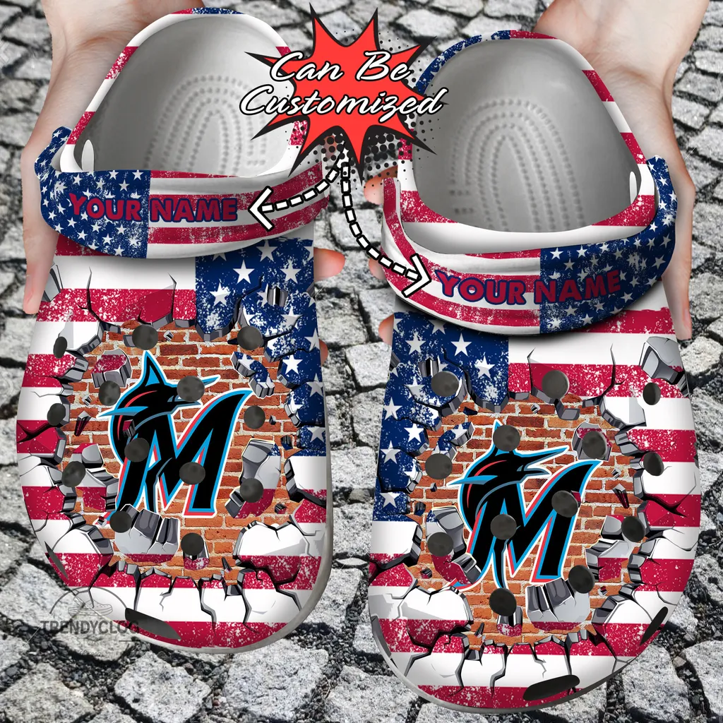 Baseball Crocs Personalized MMarlins American Flag Breaking Wall Clog