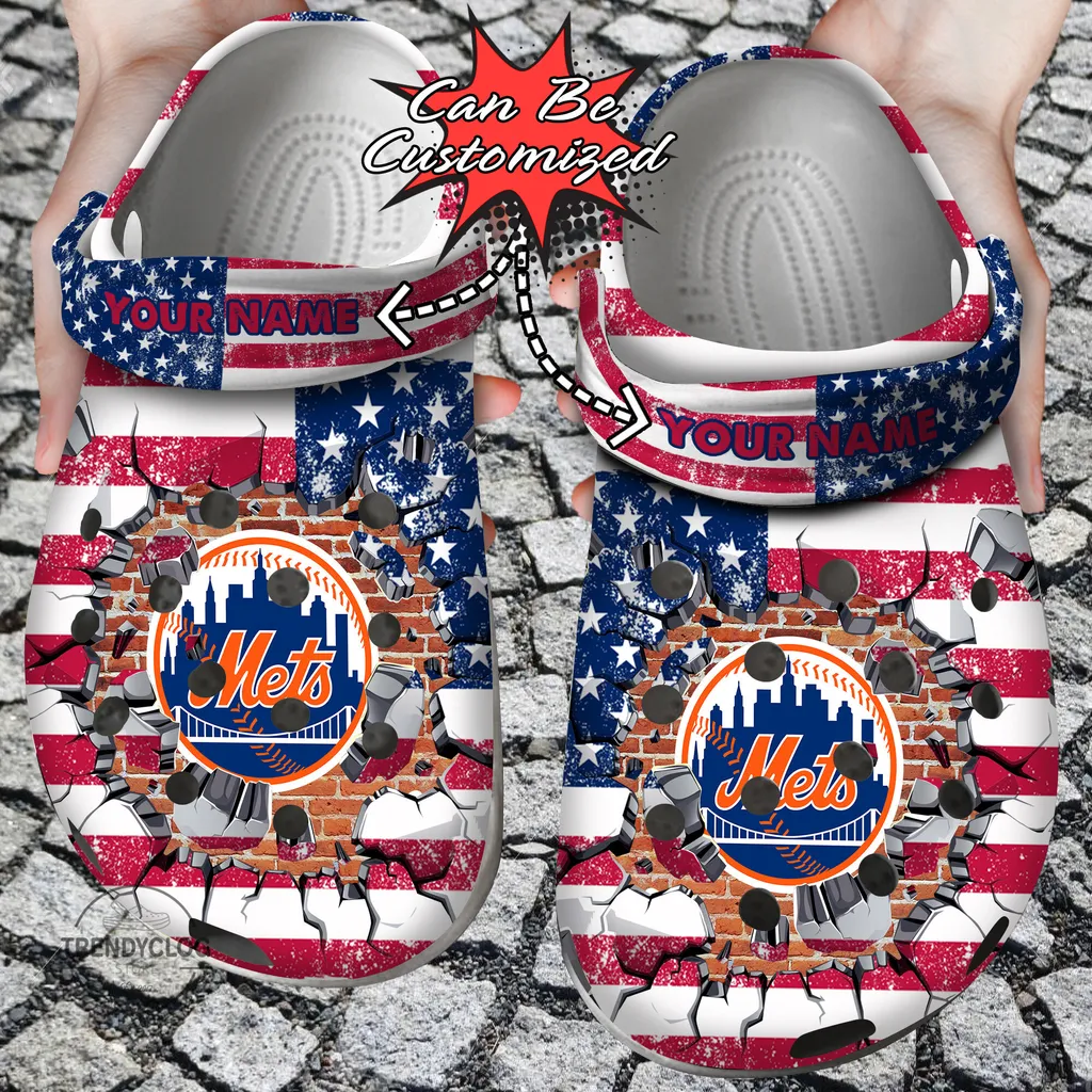 Baseball Crocs Personalized NY Mets American Flag Breaking Wall Clog