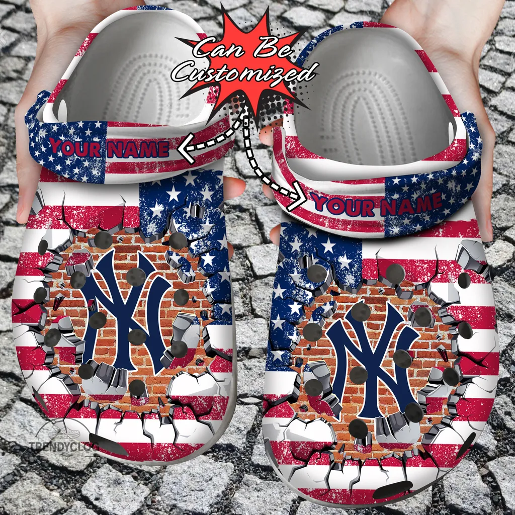 Baseball Crocs Personalized NY Yankees American Flag Breaking Wall Clog