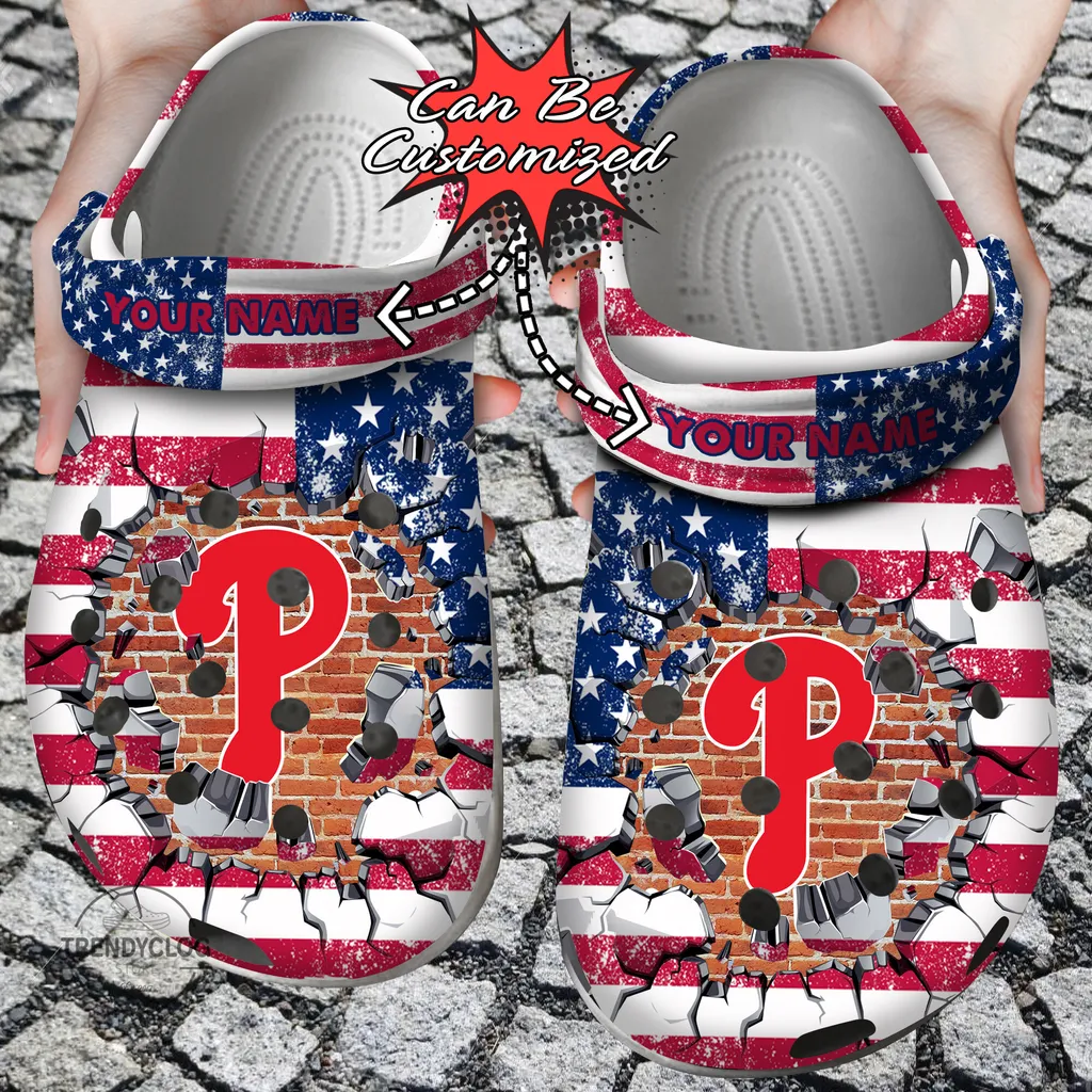 Baseball Crocs Personalized PPhillies American Flag Breaking Wall Clog