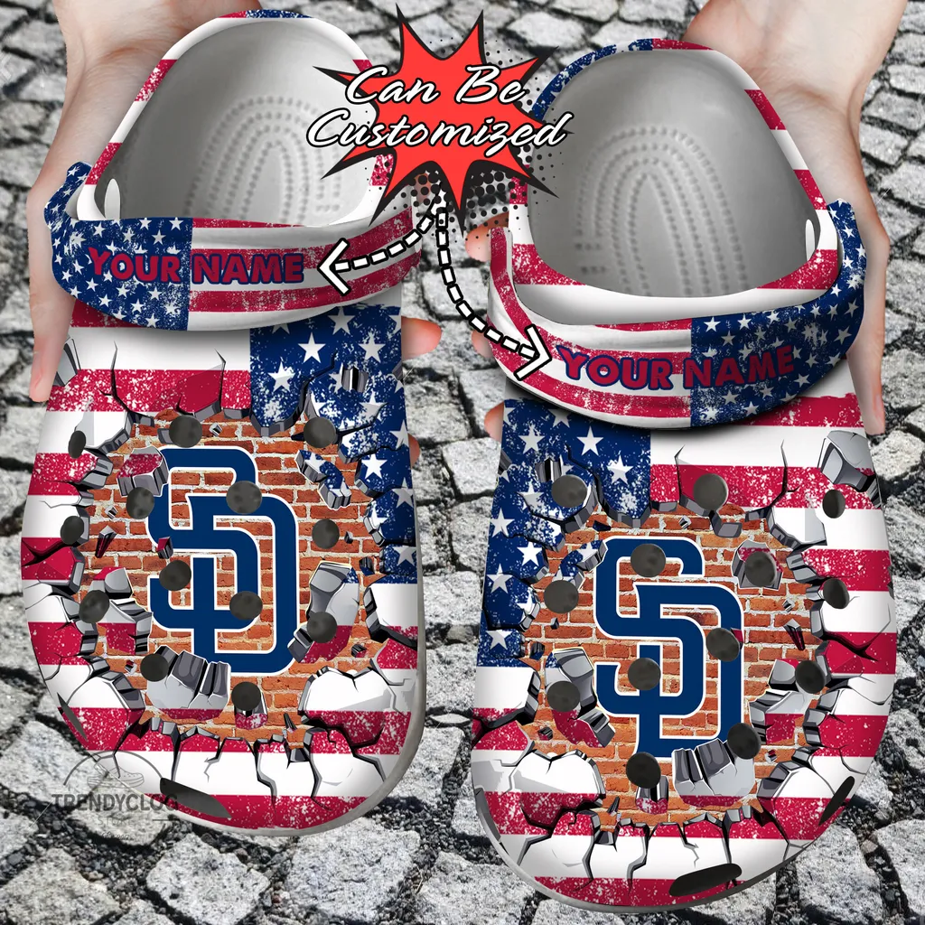 Baseball Crocs Personalized SD Padres American Flag Breaking Wall Clog