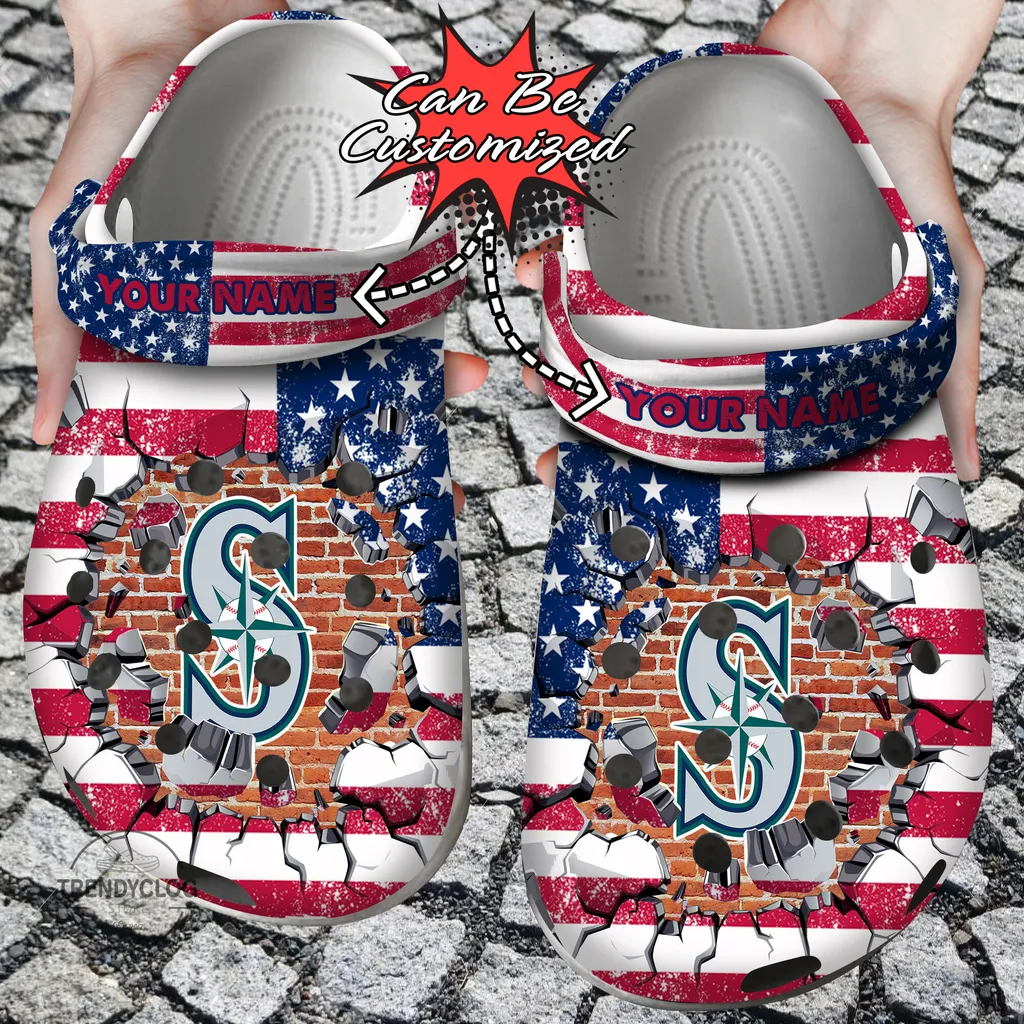 Baseball Crocs Personalized SMariners American Flag Breaking Wall Clog