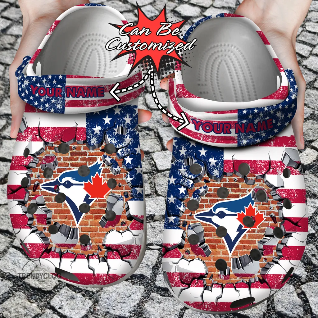 Baseball Crocs Personalized TBlue Jays American Flag Breaking Wall Clog