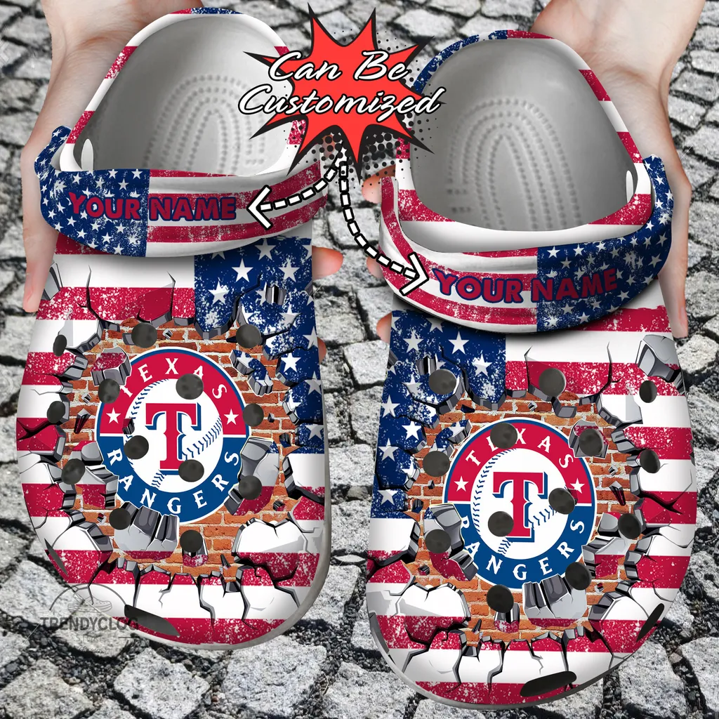 Baseball Crocs Personalized TRangers American Flag Breaking Wall Clog