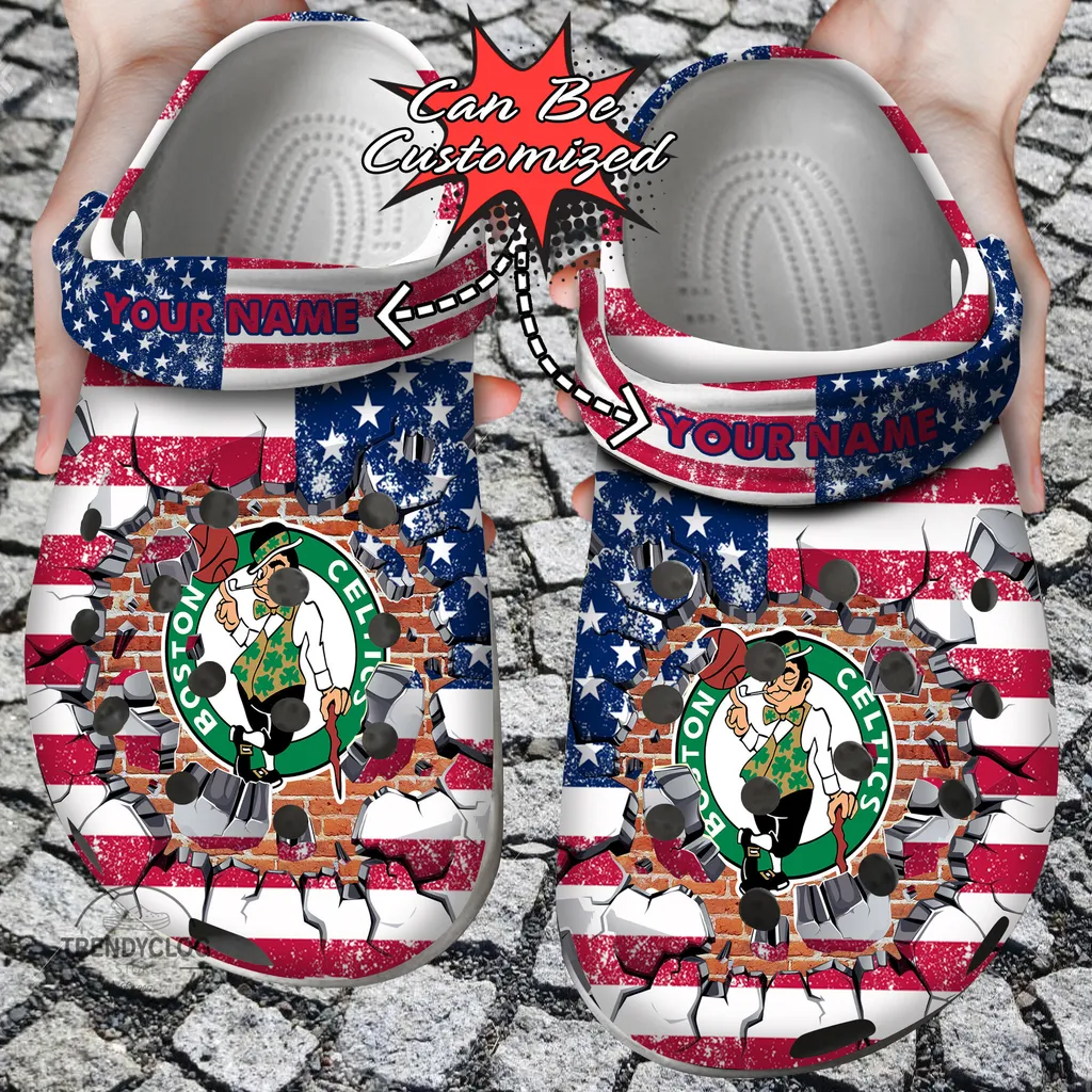 Basketball Crocs Personalized BCeltics American Flag Breaking Wall Clog