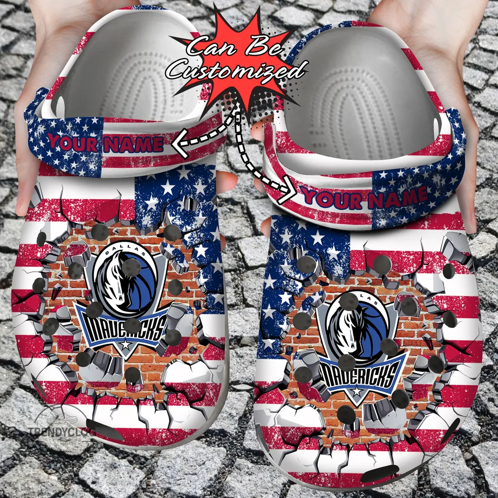 Basketball Crocs Personalized DMavericks American Flag Breaking Wall Clog