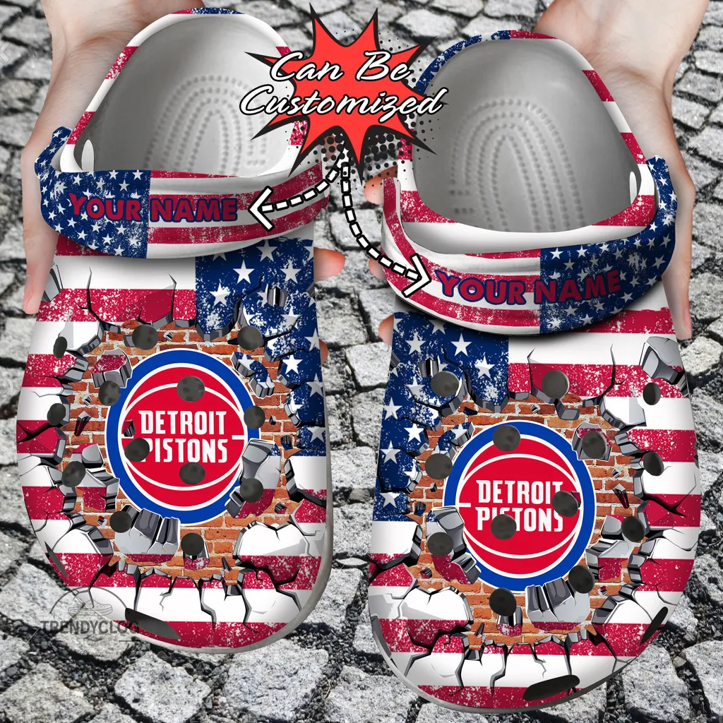 Basketball Crocs Personalized DPistons American Flag Breaking Wall Clog