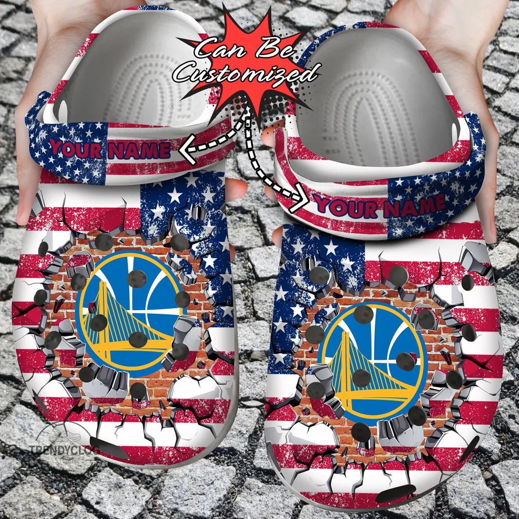 Basketball Crocs Personalized GWarriors American Flag Breaking Wall Clog