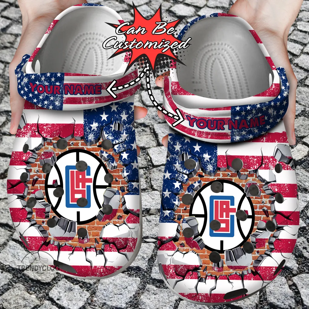 Basketball Crocs Personalized LA Clippers American Flag Breaking Wall Clog