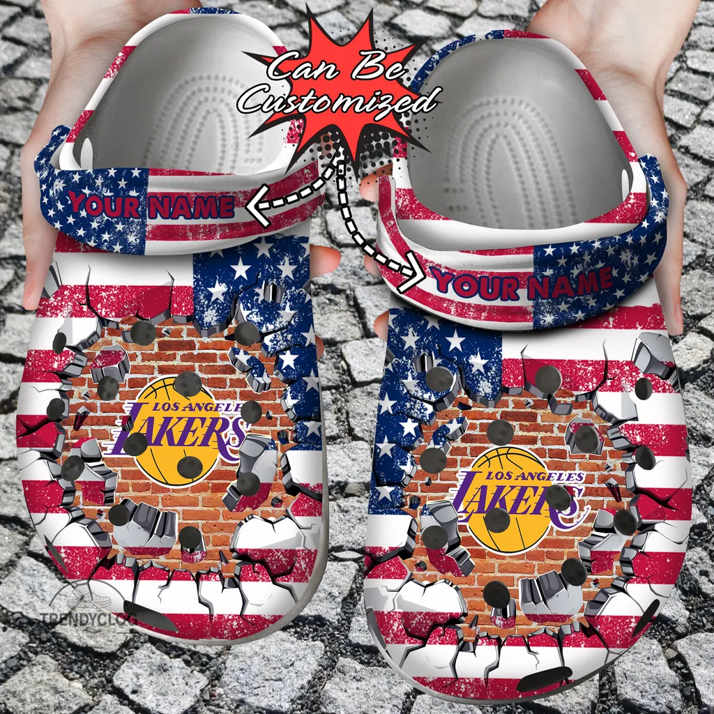 Basketball Crocs Personalized LA Lakers American Flag Breaking Wall Clog