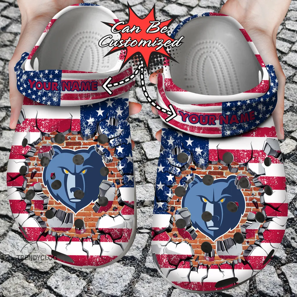 Basketball Crocs Personalized MGrizzlies American Flag Breaking Wall Clog